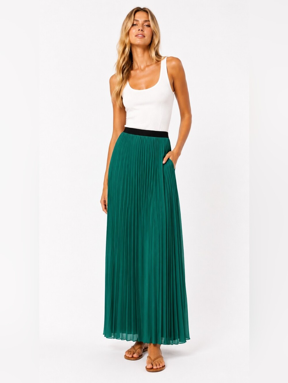 Kali Size XS Emerald Green Pleated Maxi Skirt with Black Elastic Waistband